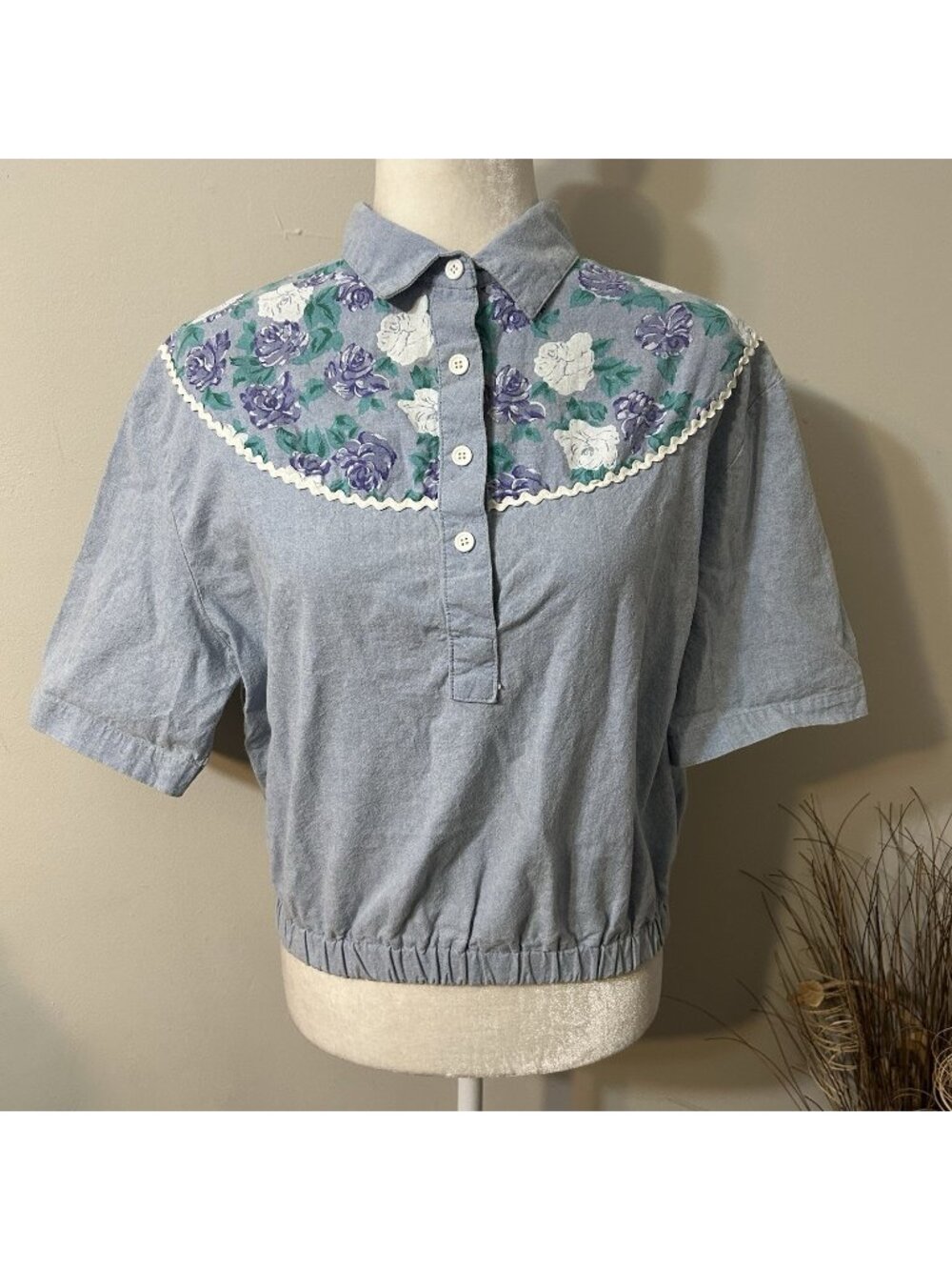 Vtg David Peer Short Sleeve Denim Shirt Elastic Waist Crop Floral Collared Sz 14